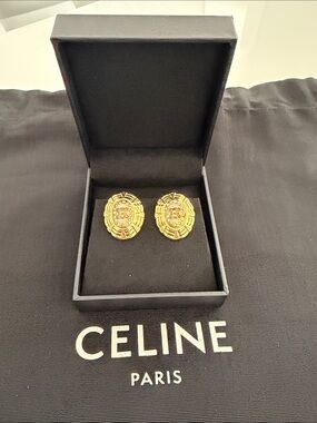 Celine Gold Plated Two Tone Embossed Medallion Clip Earrings